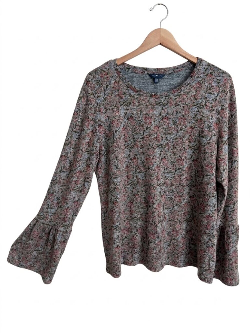 Lucky Brand Floral Bell Sleeve Sweater Gray Pink Boho Cottagecore XL Scoop Neck